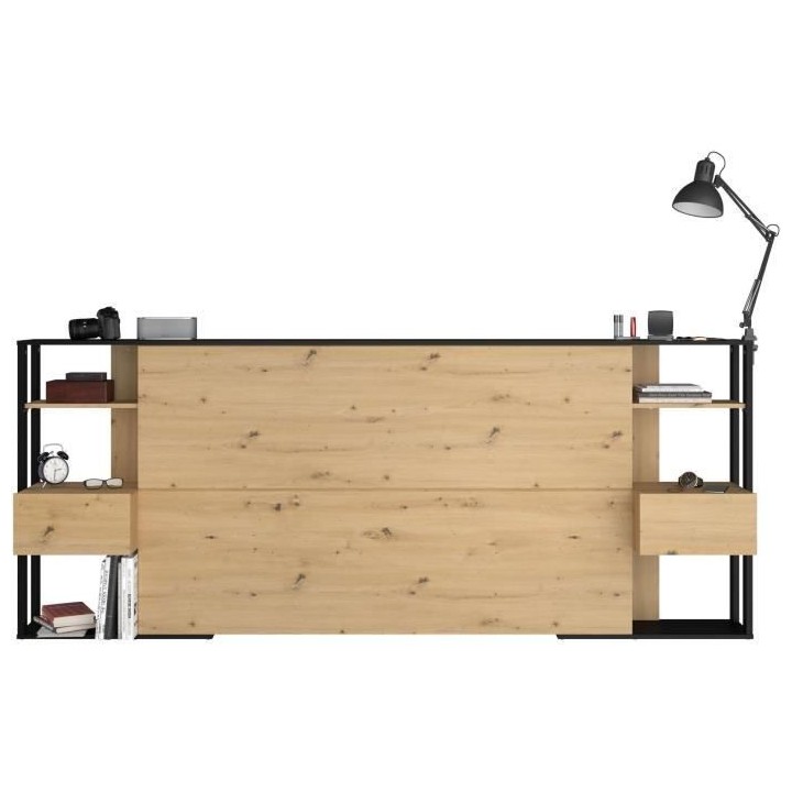 Tete de lit OAK - Chevets intégrés - Décor chene et noir - L 253 x