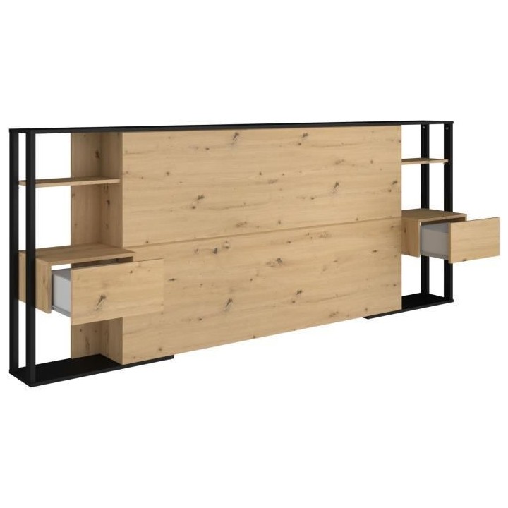 Tete de lit OAK - Chevets intégrés - Décor chene et noir - L 253 x
