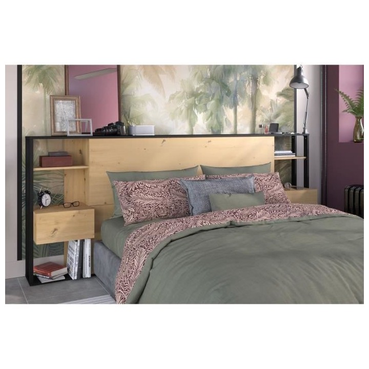 Tete de lit OAK - Chevets intégrés - Décor chene et noir - L 253 x