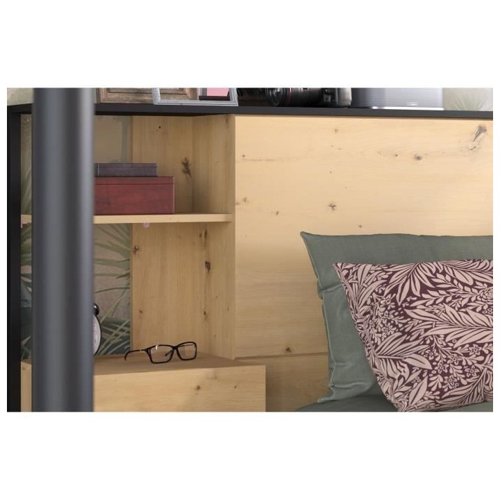 Tete de lit OAK - Chevets intégrés - Décor chene et noir - L 253 x