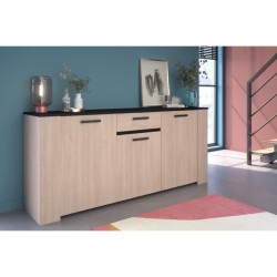 Buffet HELMA - Décor chene Brooklyn et noir - 3 Portes + 1 Tiroir - Style contemporain - L 182 x P 40 x H 80 cm - PARISOT