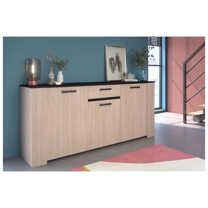 Buffet HELMA - Décor chene Brooklyn et noir - 3 Portes + 1 Tiroir - S