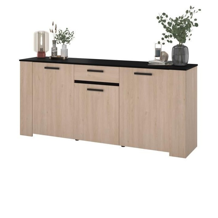 Buffet HELMA - Décor chene Brooklyn et noir - 3 Portes + 1 Tiroir - S