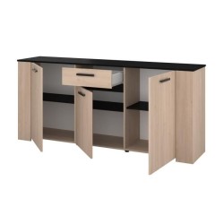 Buffet HELMA - Décor chene Brooklyn et noir - 3 Portes + 1 Tiroir - Style contemporain - L 182 x P 40 x H 80 cm - PARISOT