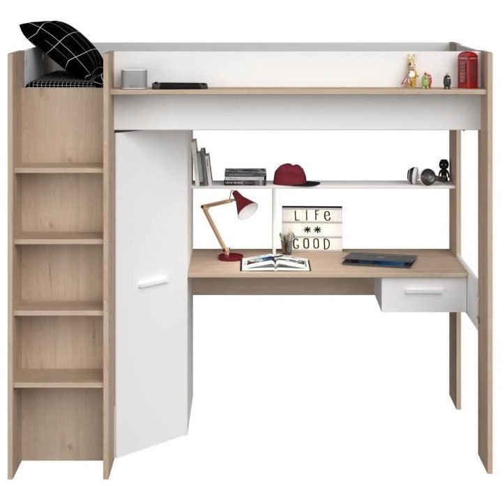 PARISOT HIGH Lit combiné mezzanine enfant - Décor chene et blanc - S