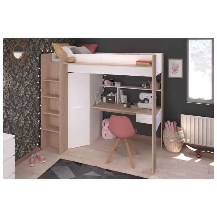 PARISOT HIGH Lit combiné mezzanine enfant - Décor chene et blanc - S
