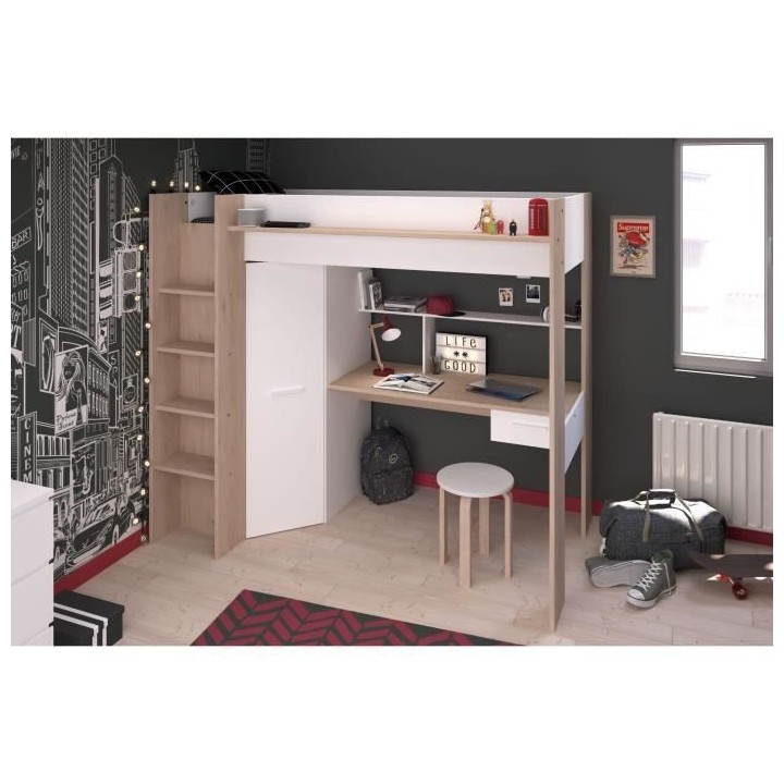 PARISOT HIGH Lit combiné mezzanine enfant - Décor chene et blanc - S