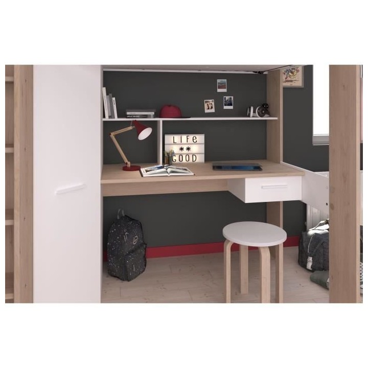 PARISOT HIGH Lit combiné mezzanine enfant - Décor chene et blanc - S