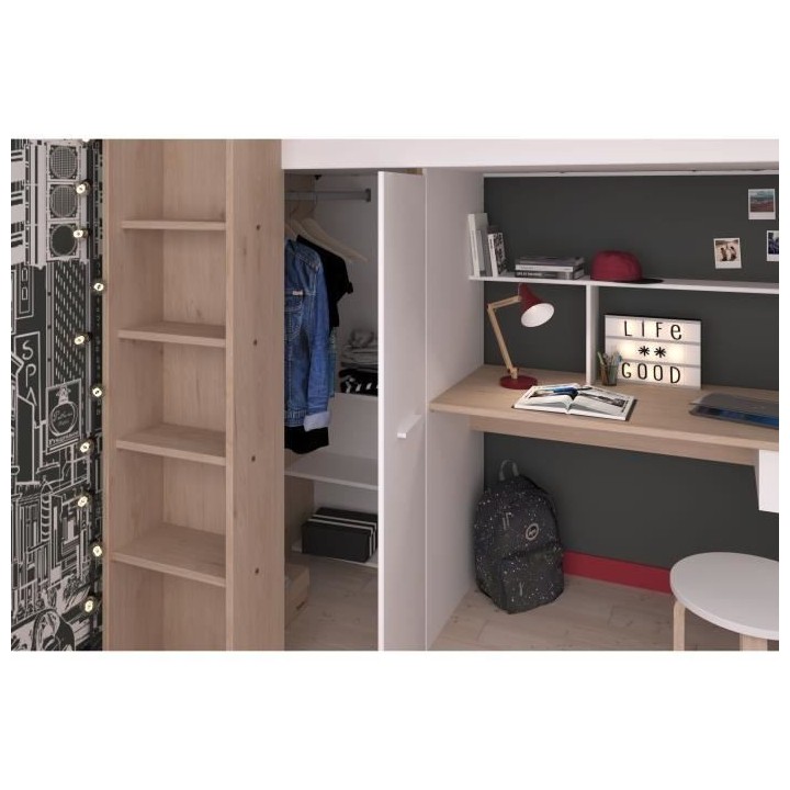 PARISOT HIGH Lit combiné mezzanine enfant - Décor chene et blanc - S