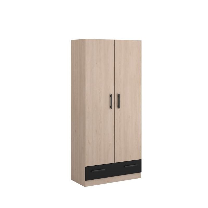 PARISOT Armoire 2 portes battantes + 1 tiroir - Panneaux de particules - Décor chene et noir - L 78 cm x P 38 cm x H 170 cm - V