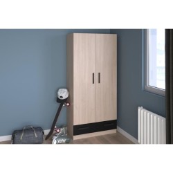 PARISOT Armoire 2 portes battantes + 1 tiroir - Panneaux de particules - Décor chene et noir - L 78 cm x P 38 cm x H 170 cm - V