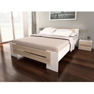 MAO Lit adulte contemporain mélaminé blanc et décor chene clair - l