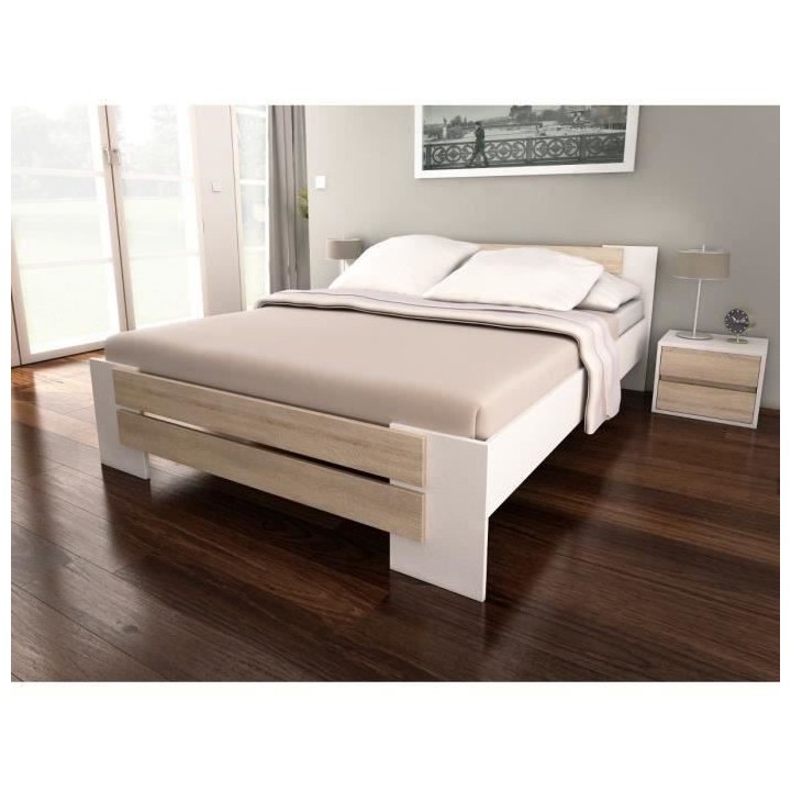 MAO Lit adulte contemporain mélaminé blanc et décor chene clair - l