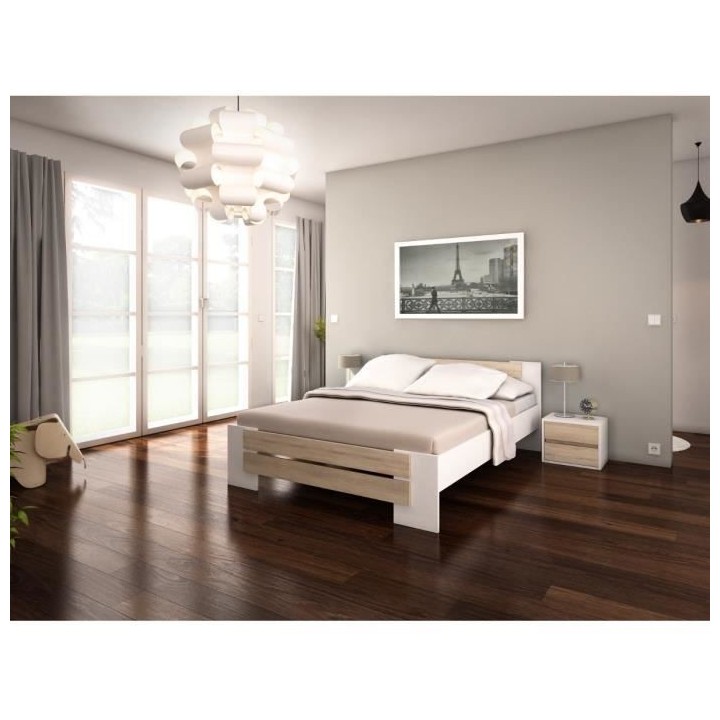 MAO Lit adulte contemporain mélaminé blanc et décor chene clair - l