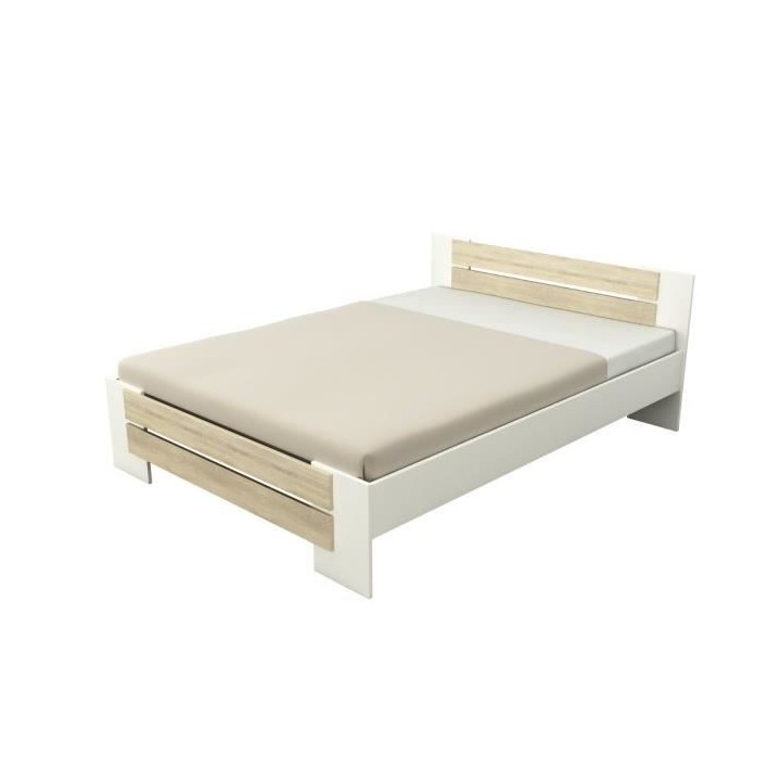 MAO Lit adulte contemporain mélaminé blanc et décor chene clair - l