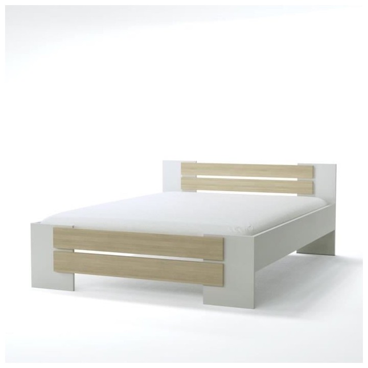 MAO Lit adulte contemporain mélaminé blanc et décor chene clair - l