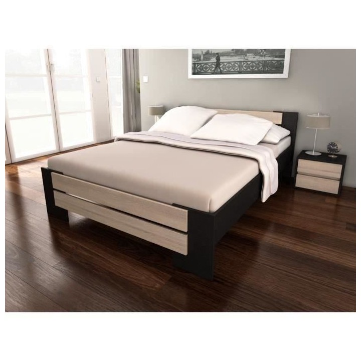 MAO Lit adulte contemporain mélaminé noir et décor chene clair - l