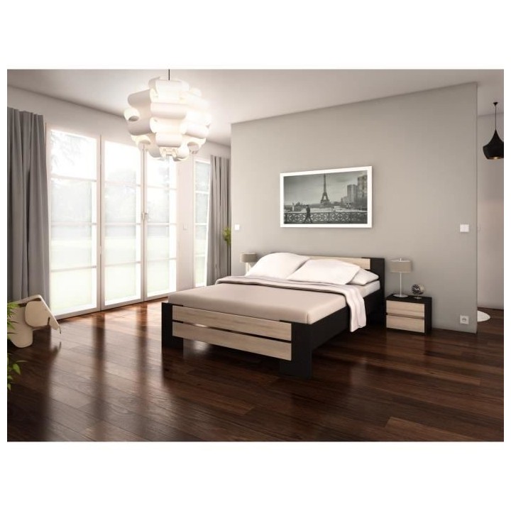 MAO Lit adulte contemporain mélaminé noir et décor chene clair - l