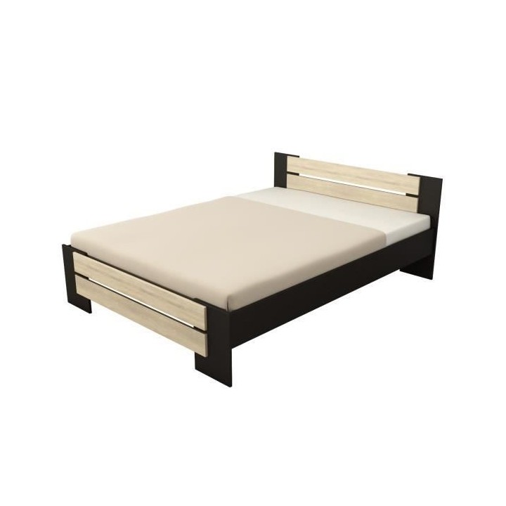 MAO Lit adulte contemporain mélaminé noir et décor chene clair - l