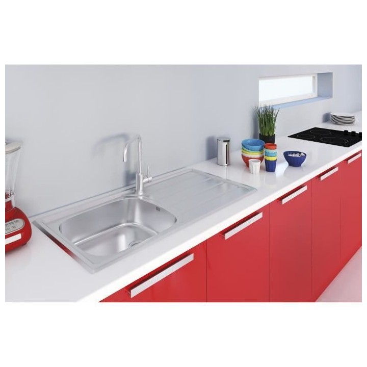 EWI Evier cuisine a encastrer 1 grand bac + 1 égouttoir Quartz - Inox