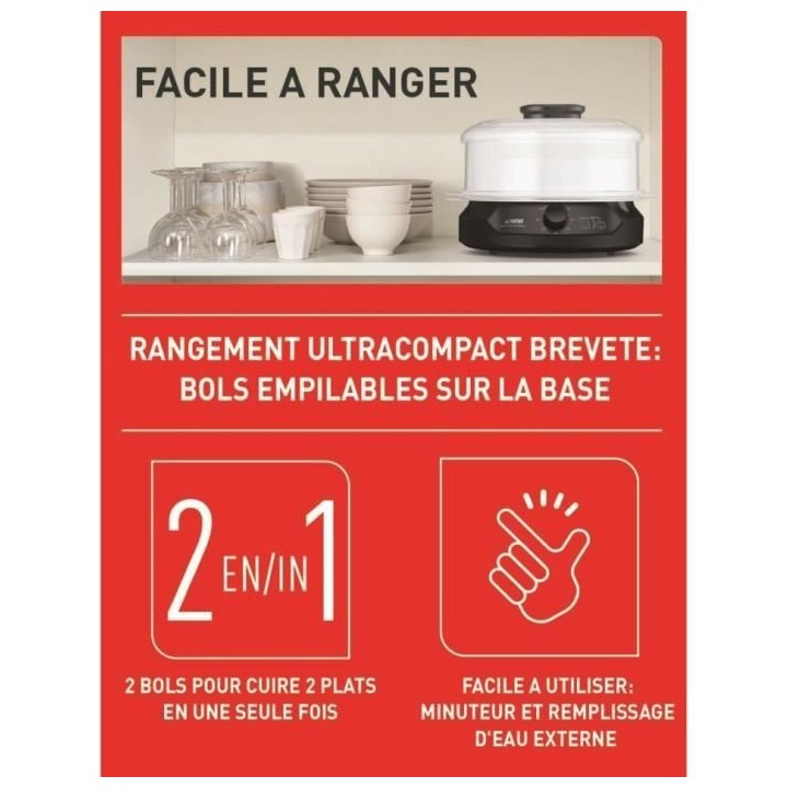 SEB VC139800 Minicompact Cuiseur vapeur, 2 bols empilables, Bac a riz