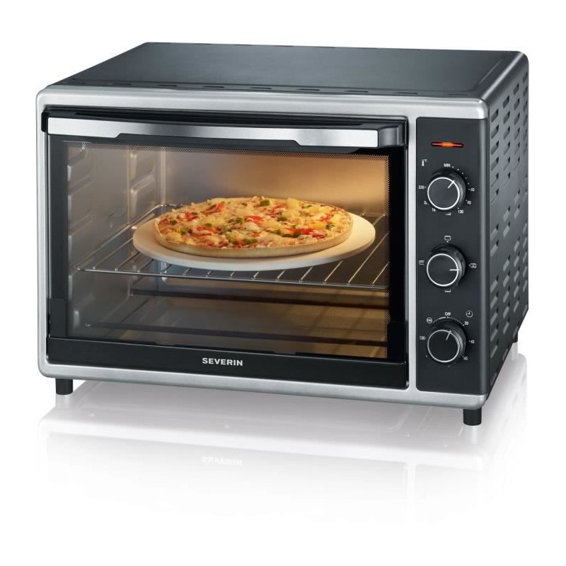 Mini Four chaleur SEVERIN TO2058 tournante 42 L, pierre a pizza et tournebroche, Four posable 1 800 W, Minuteur 120 min, Noir/In