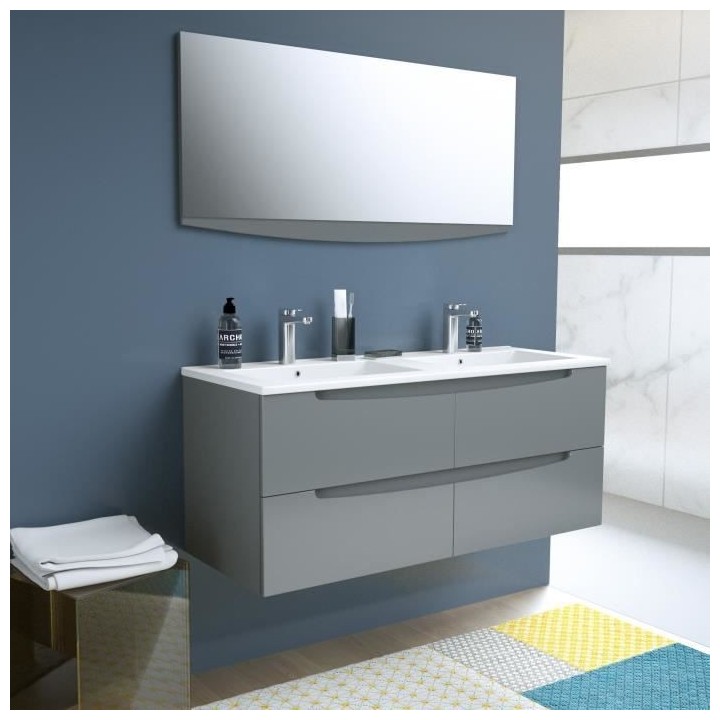 SMILE Salle de bain double vasque + miroir L 120 cm - 4 tiroirs a ferm