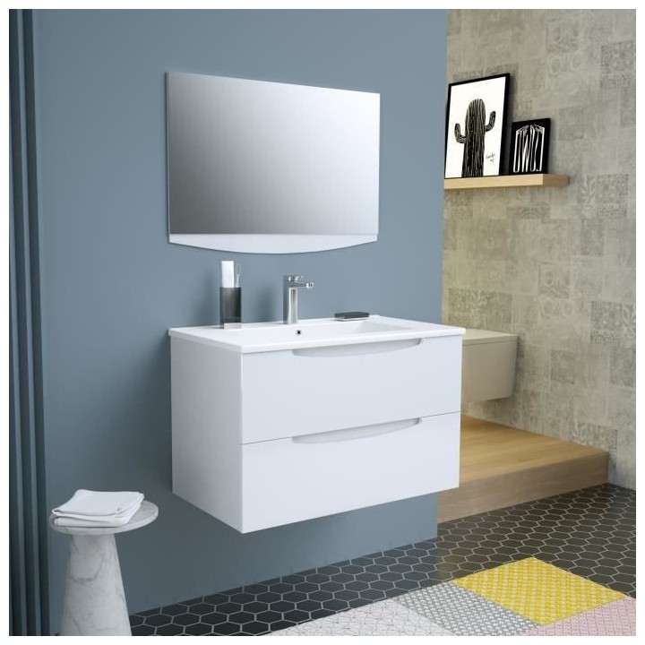 SMILE Salle de bain simple vasque avec miroir L 80 cm - 2 tiroirs a fe