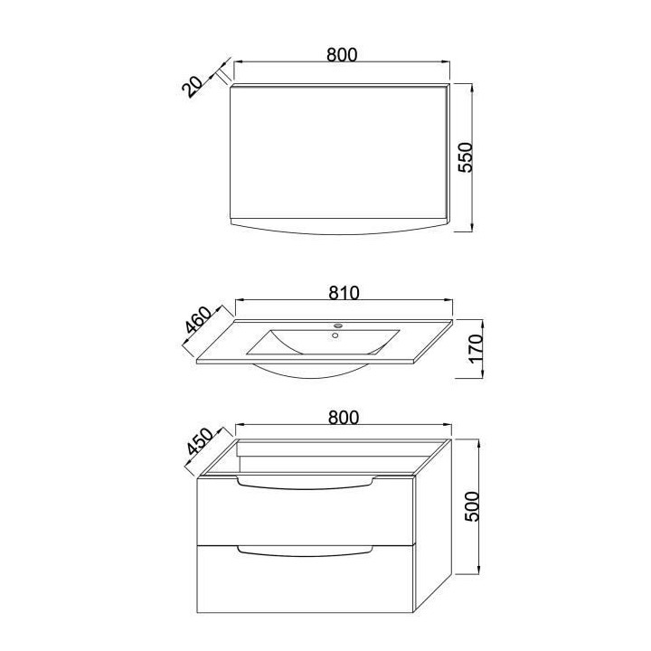 SMILE Salle de bain simple vasque avec miroir L 80 cm - 2 tiroirs a fe