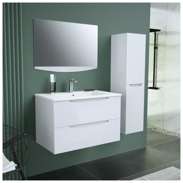 SMILE Salle de bain simple vasque avec miroir L 80 cm - 2 tiroirs a fe