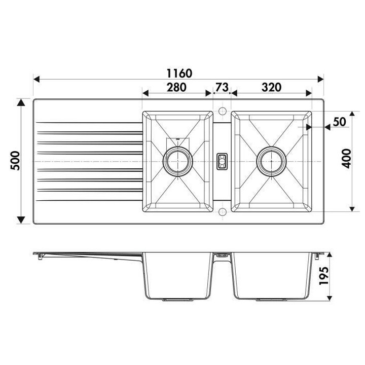EWI Evier cuisine a encastrer 2 bacs + 1 égouttoir Soledad - Résine