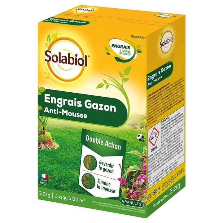 SOLABIOL - Engrais Gazon Anti-Mousse Double Action 80m2 - Etui 3,2 kg