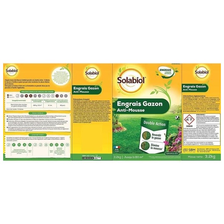 SOLABIOL - Engrais Gazon Anti-Mousse Double Action 80m2 - Etui 3,2 kg