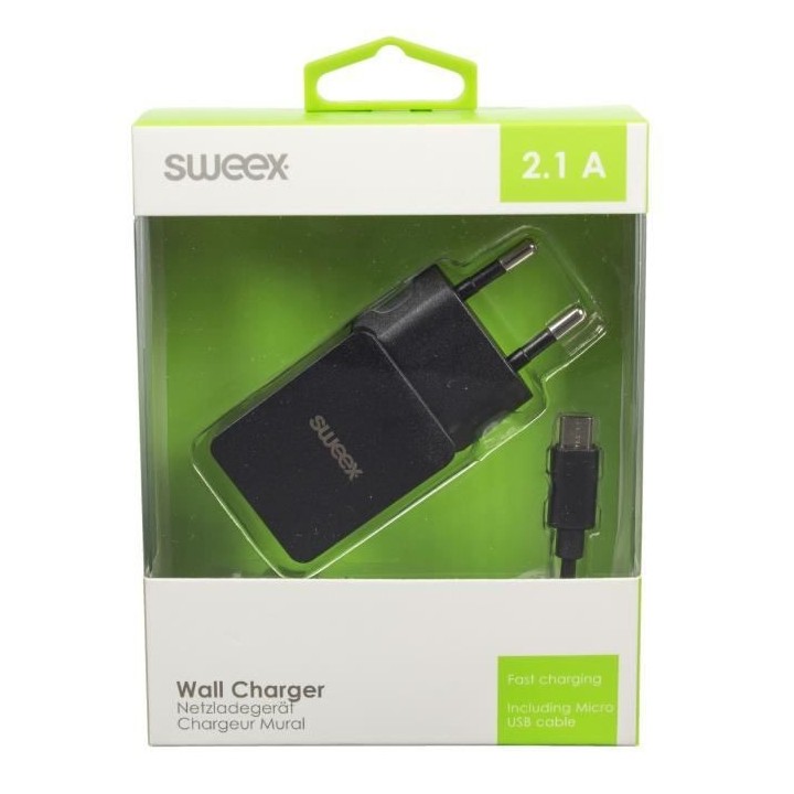 SWEEX Chargeur mural + câble micro USB - 2,1 A - Noir