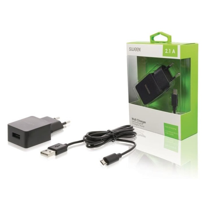 SWEEX Chargeur mural + câble micro USB - 2,1 A - Noir