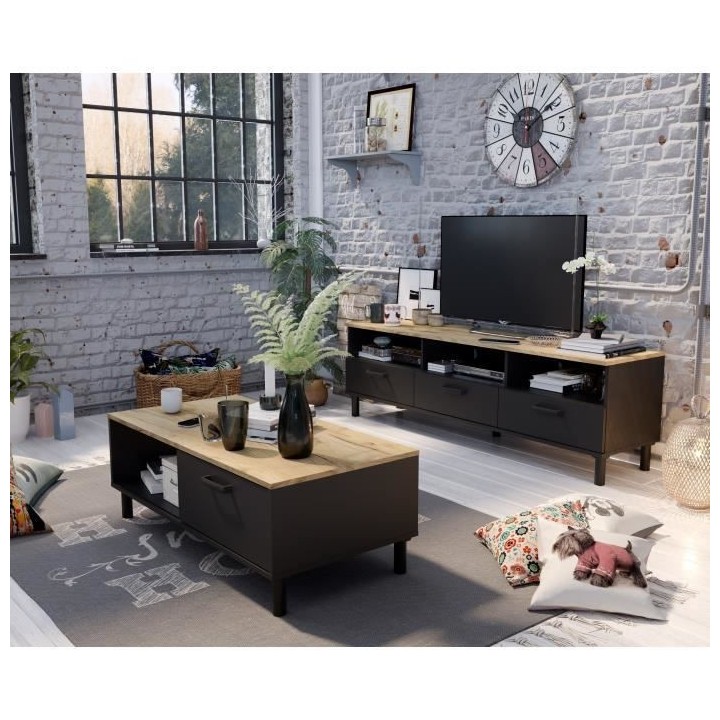 OXFORD Meuble TV décor noir et chene - Style industriel - L 158 x P 4