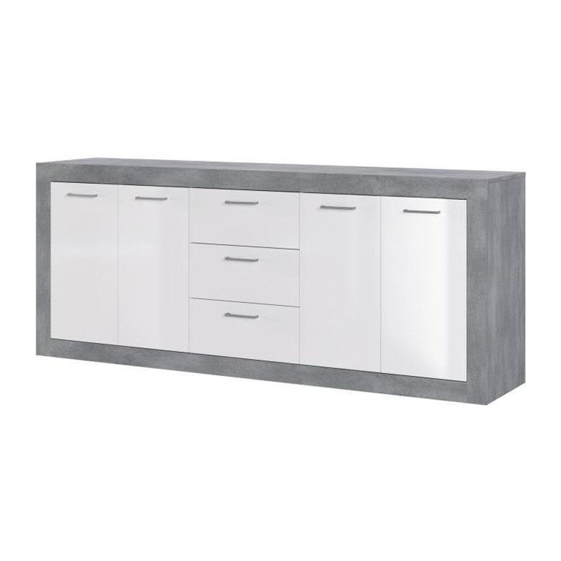 STONE Buffet 4 portes 3 tiroirs - Décor béton et blanc - L 206 x P 45 x H 83,4 cm