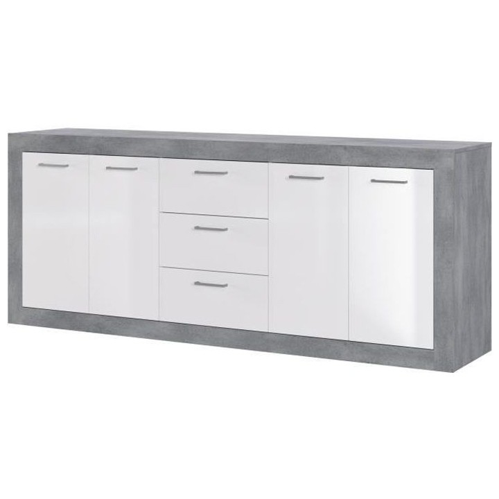 STONE Buffet 4 portes 3 tiroirs - Décor béton et blanc - L 206 x P 4