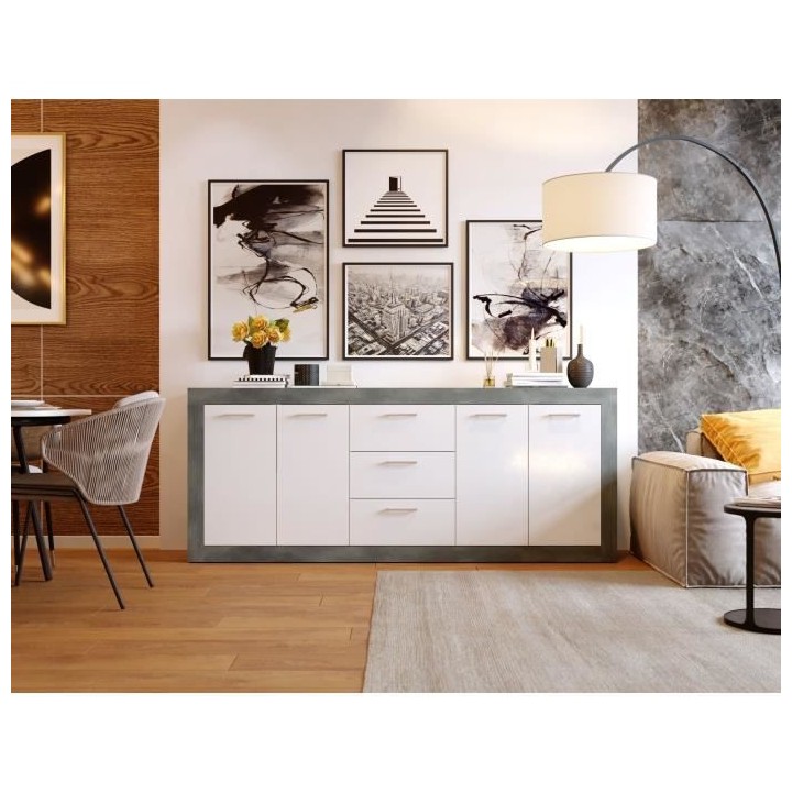 STONE Buffet 4 portes 3 tiroirs - Décor béton et blanc - L 206 x P 4