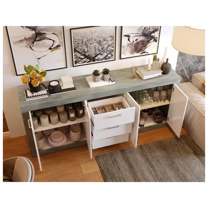 STONE Buffet 4 portes 3 tiroirs - Décor béton et blanc - L 206 x P 4