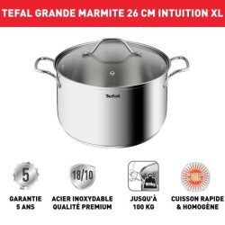 TEFAL B8646404 Marmite 26 cm inox, Tous feux dont induction, 6,5 L, Poignées robustes, Couvercle verre, Intuition XL