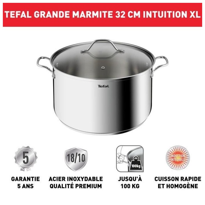 TEFAL B8647404 Marmite 32 cm inox, Tous feux dont induction, 12L, Poig