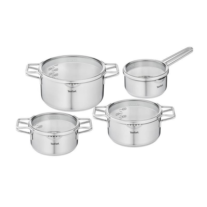 TEFAL H852S855 NORDICA Lot 8 pieces INOX Casserole 16cm + Faitouts 18/20/24cm + couvercles en verre - Tous feux dont induction