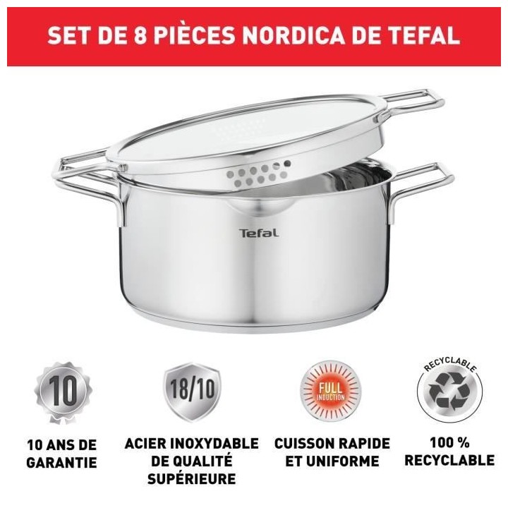 TEFAL H852S855 NORDICA Lot 8 pieces INOX Casserole 16cm + Faitouts 18/