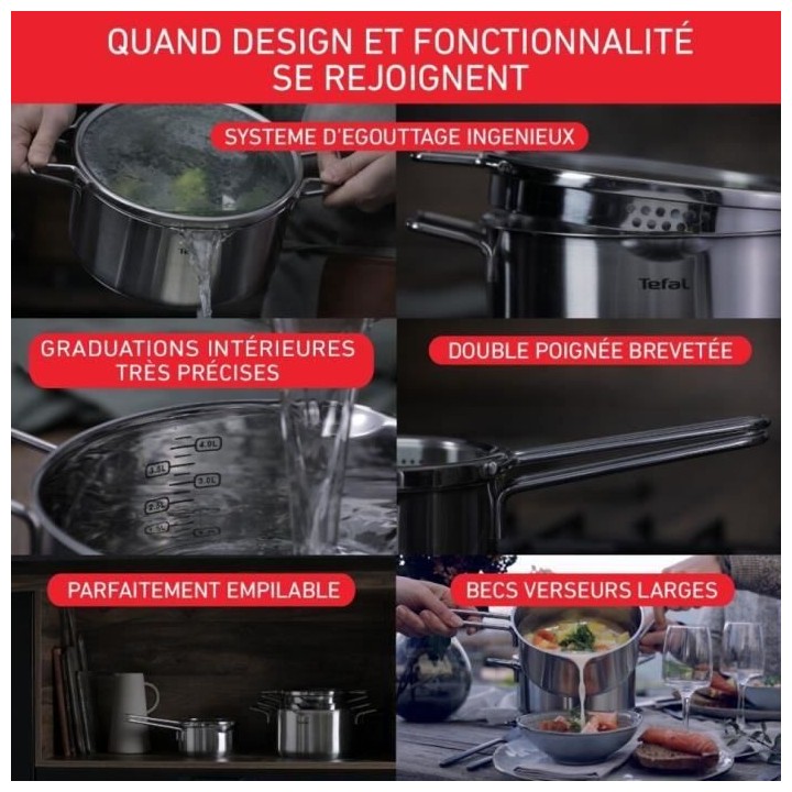 TEFAL H852S855 NORDICA Lot 8 pieces INOX Casserole 16cm + Faitouts 18/