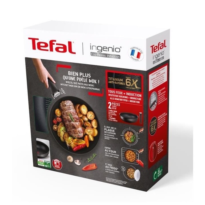 TEFAL INGENIO L3979302 Poele wok 26 cm + poignée amovible, Induction,
