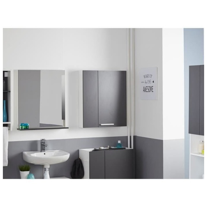 EKIPA Armoire de salle de bain 2 portes - Gris ombre et blanc - L 60 x