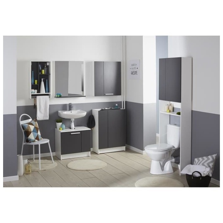 EKIPA Armoire de salle de bain 2 portes - Gris ombre et blanc - L 60 x