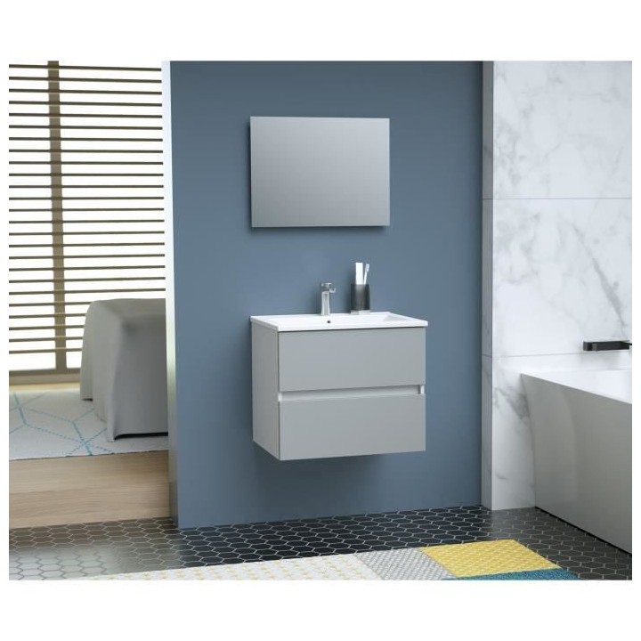 TOTEM Salle de bain 60cm - Gris - 2 tiroirs fermetures ralenties - sim