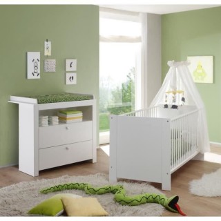Chambre bébé Duo : Lit 70 x 140 cm + Commode a langer OLIVIA - Blanc